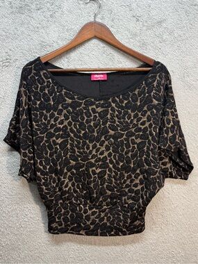 Shasa Black Cream Rhinestone leopard Print Batwing Blouse Top Size L/G